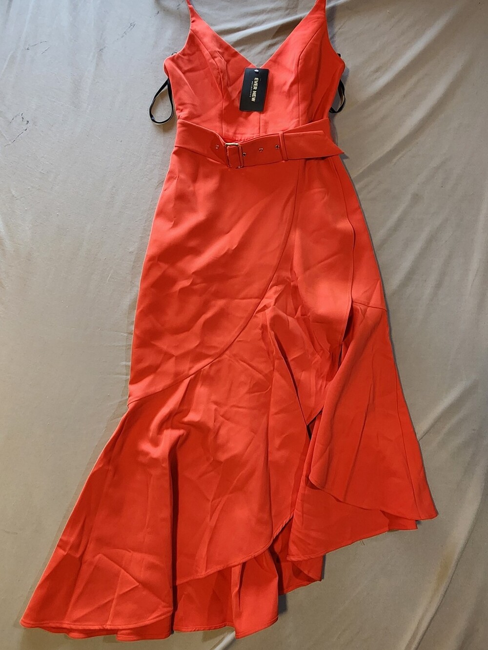 Abella Coral-Red High-Low Belted V-Neck Dress